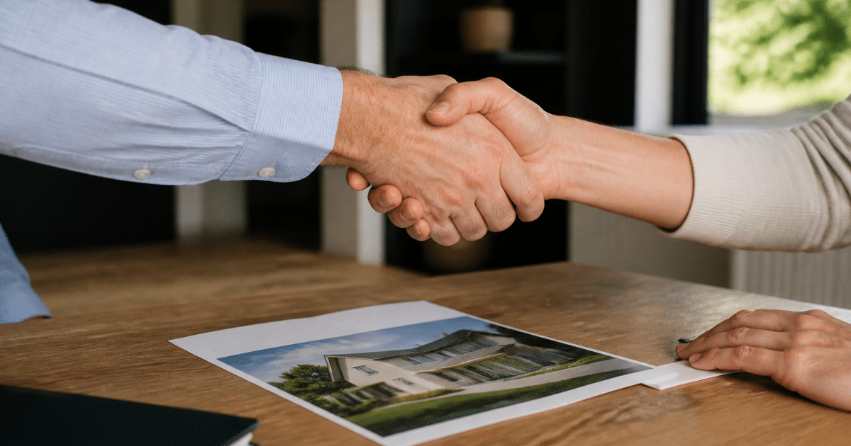 Deux mains se serrent devant document immobilier sur table