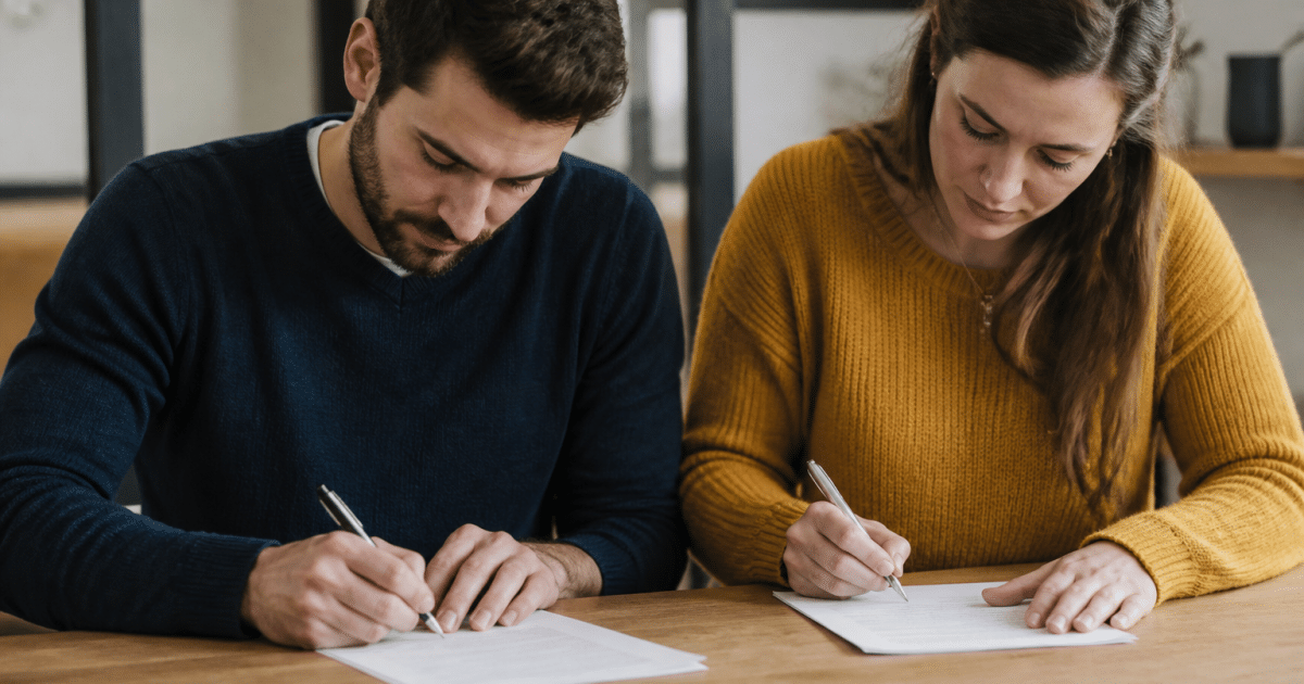 Deux personnes signant document leger cote a cote