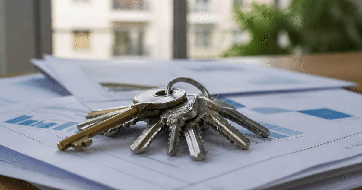 Pile de cles immobilieres posees sur documents financiers immobiliers