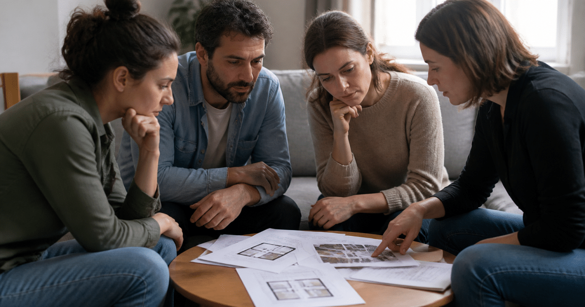 Groupe assis autour table examinant dossiers logement