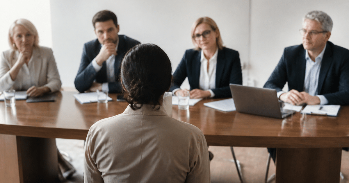 Personne assise face a panel evaluateurs autour table