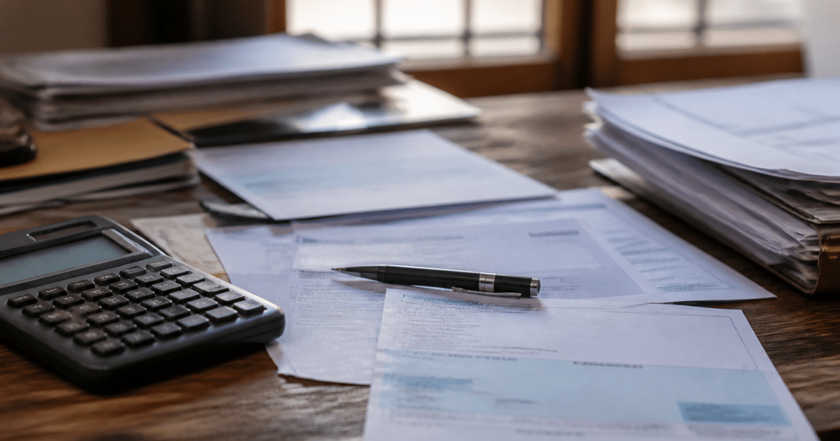 Documents fiscaux etales sur bureau avec calculatrice et stylo