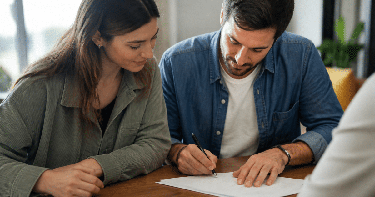 Couple consultant document contrat immobilier signé sur table
