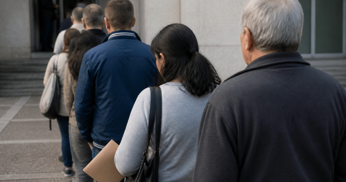 File d'attente de personnes tenant dossiers devant batiment administratif