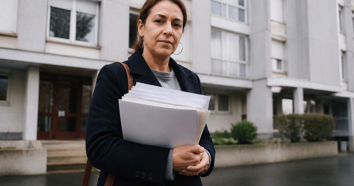 Personne tenant dossier administratif devant immeuble collectif