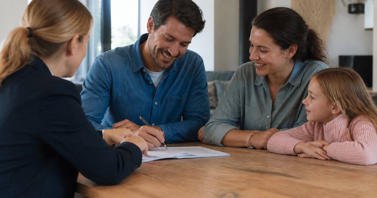 Famille signant documents immobiliers assis autour table bois
