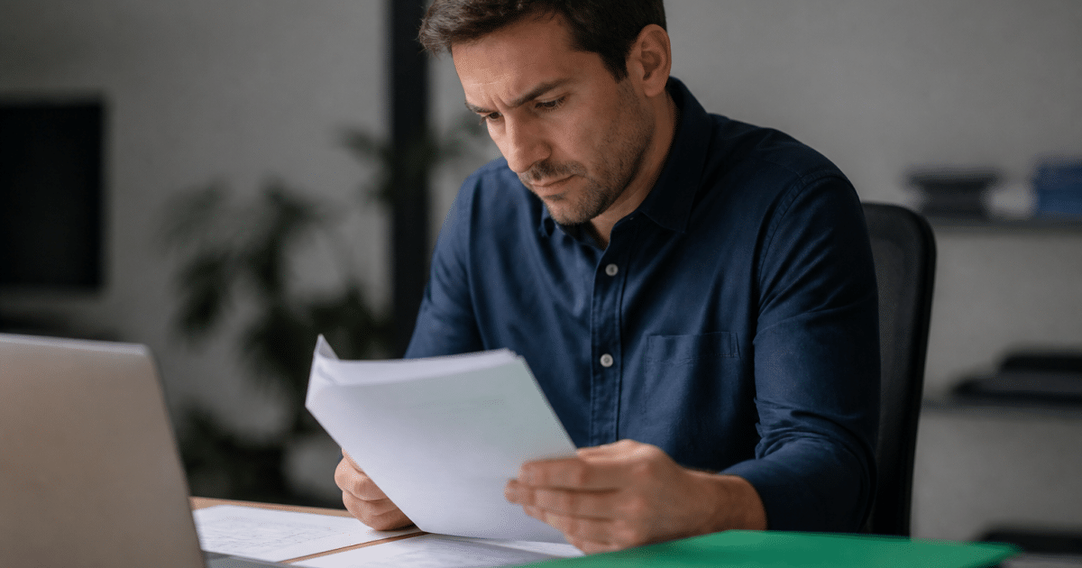Homme assis a un bureau consultant documents professionnels attentivement