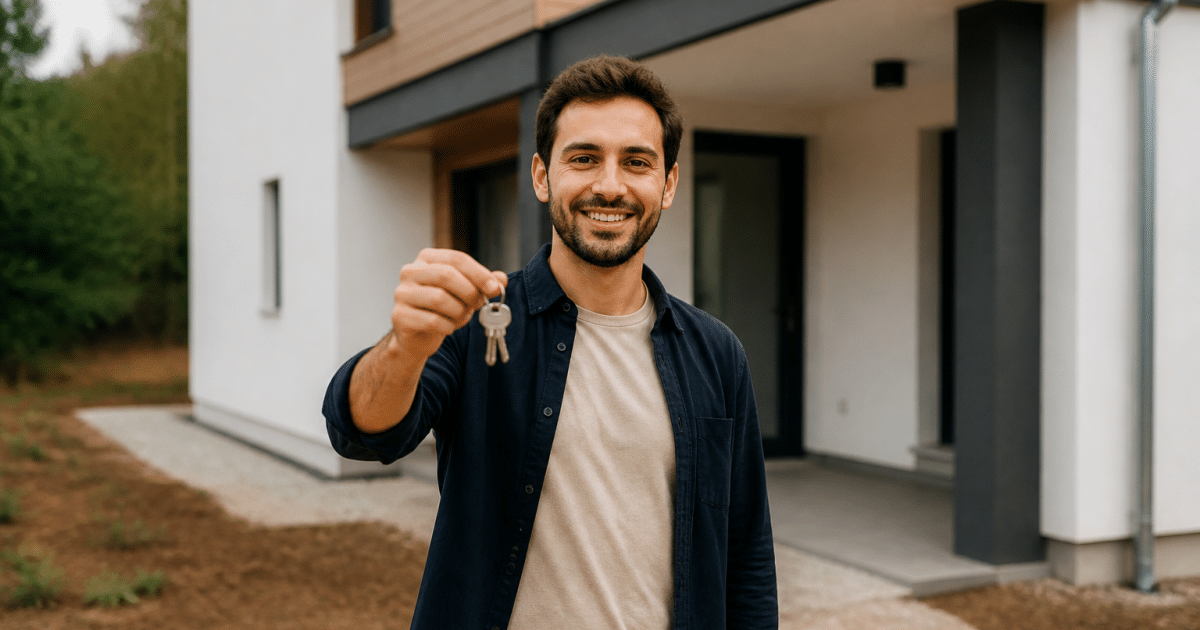 Homme tenant les cles d'une maison neuve seul
