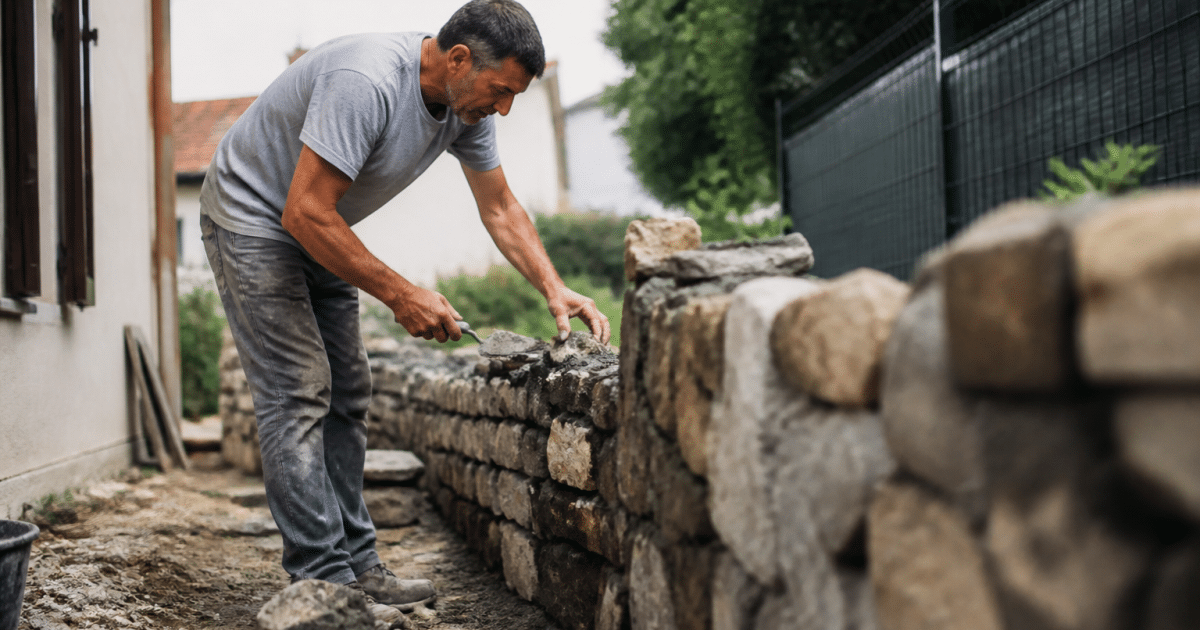 Maçon construisant mur pierre entre deux proprietes limitrophes