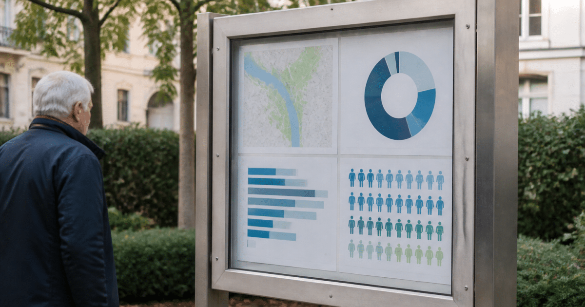Panneau informationnel affichant statistiques population Pessac en chiffres