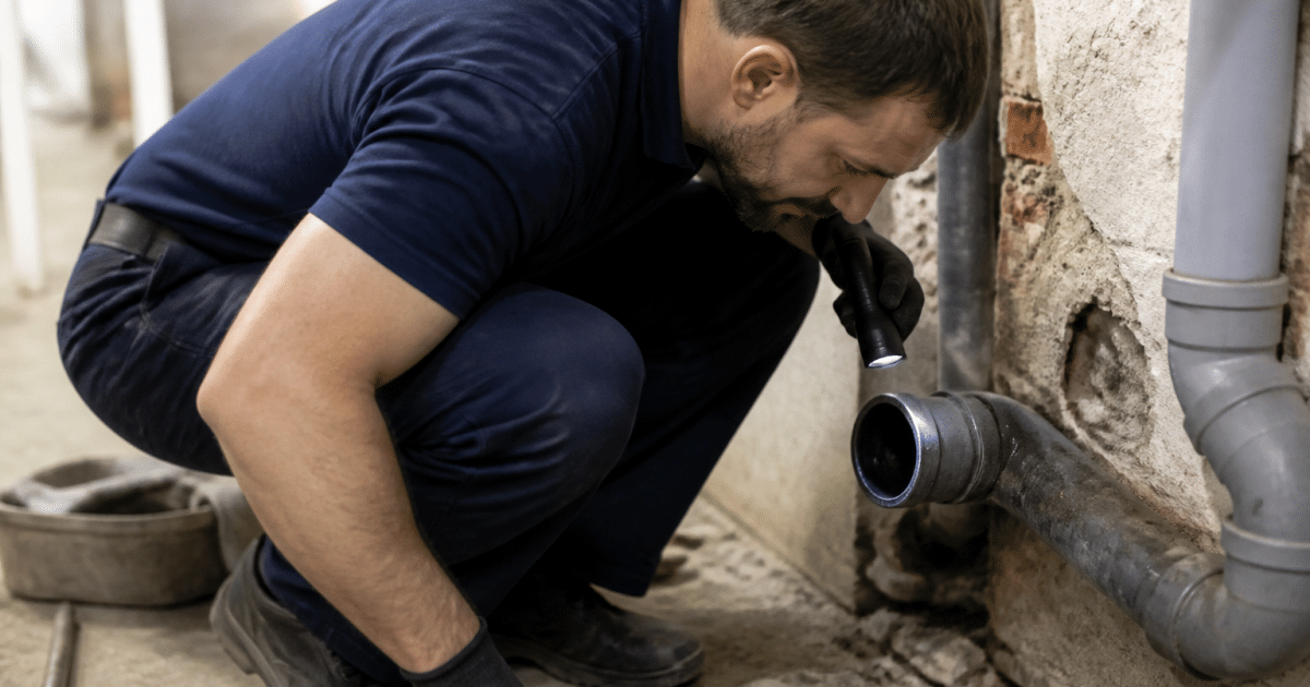 Plombier accroupi inspectant canalisation bouchee sous sol