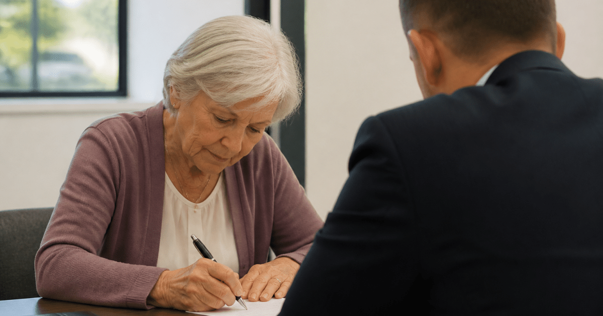 personne agee signant contrat pret bancaire avec conseiller