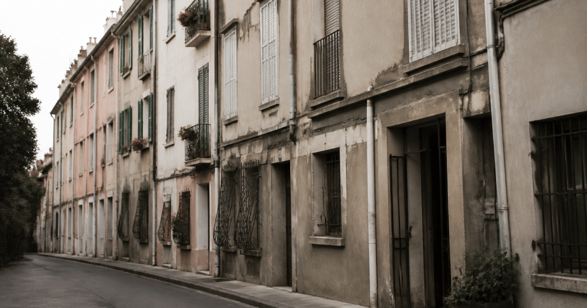 Rue urbaine avec immeubles résidentiels défraîchis alignés côte à côte