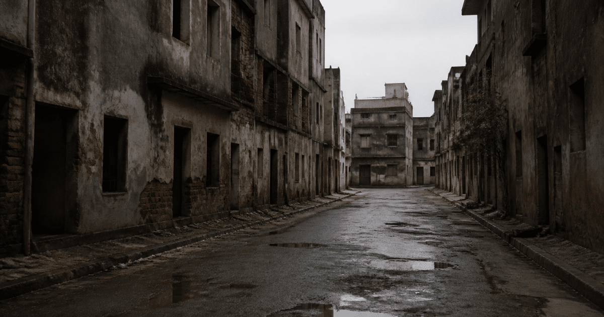 Rue urbaine sombre avec immeubles degrades et rues desertes