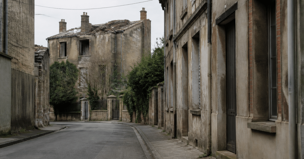 Rues desertes d'Auxerre avec immeubles degrades en arriere-plan