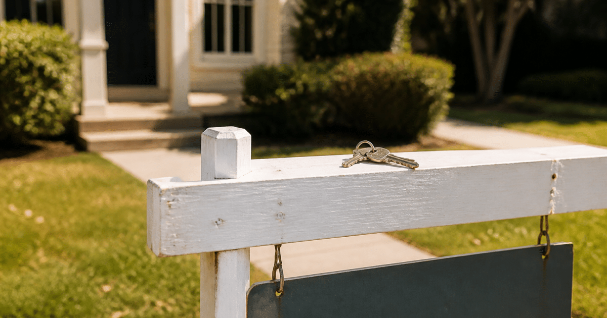 Panneau a vendre devant maison avec cles posees dessus