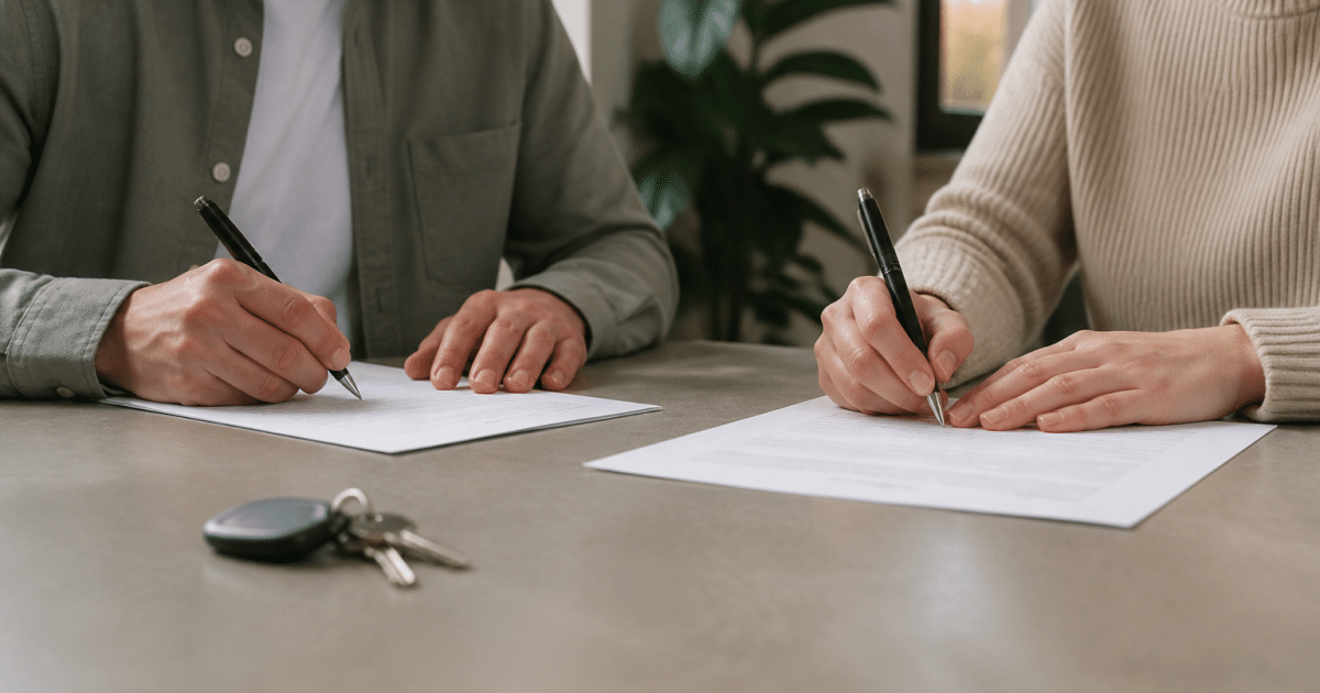 Deux personnes signent documents sur table avec cles immobilieres