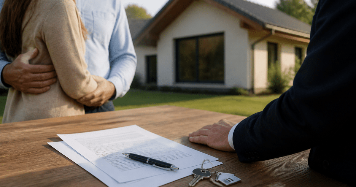 Maison avec panneau vendu, documents signés sur table devant